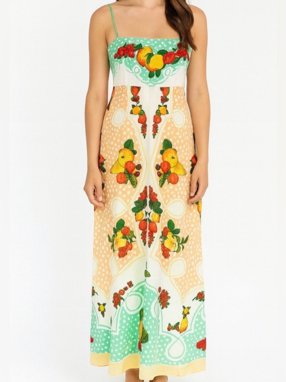 CAROLINE CONSTAS Amalfi Italy Fruit Print Tropical Resort Maxi Midi Dress \\ S